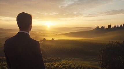 Fototapeta premium The Visionary's Dawn: A distinguished man in a suit stands at the precipice of a promising new day, gazing out over a landscape painted by the sun's golden embrace.