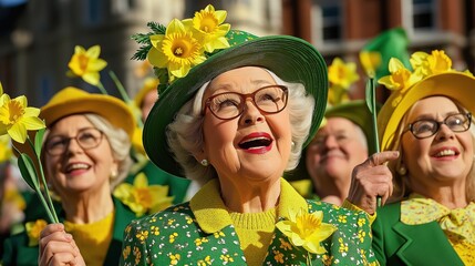 Celebration of Welsh culture with vibrant parade featuring people in green and yellow attire