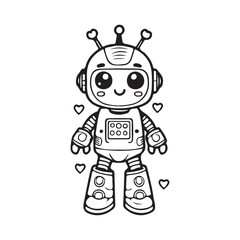 Coloring book sketch design for children, with cute robot pictures. Single design, black outline