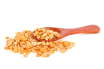 lentils with wooden spoon on white background