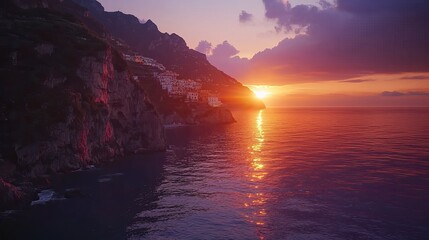 Sunset over Amalfi Coast: The sun dips below the horizon, casting a warm, golden glow over the serene waters of the Amalfi Coast, illuminating the rugged cliffs.