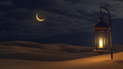 Fototapeta premium Desert Night: Illuminated Lantern, Crescent Moon, Serene Sands