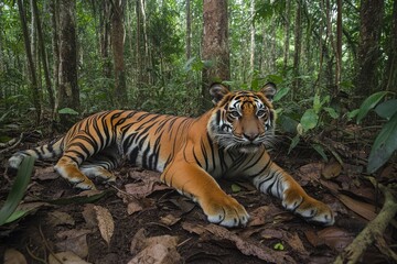 Obraz premium Young Sumatran Tiger Resting In Lush Rainforest