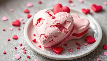 Heart-shaped ice cream desserts on plate, Valentine's Day treat