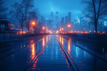 Rainy Night Cityscape Tram Tracks City Lights