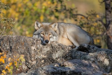 Gray Wolf Resting On Rocky Outcrop In Autumn