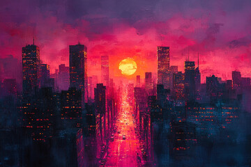 Fototapeta premium Cityscape Sunset Vibrant Hues Illuminated Buildings