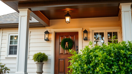 House Entrance with Brown Door and Exterior Lighting