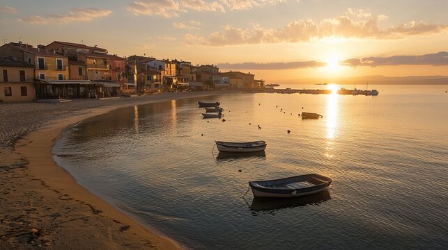 Golden Hour Coastal Village: Serene sunrise over a charming Mediterranean village, small boats gently bobbing in the calm waters.  A picturesque scene of tranquil beauty. 
