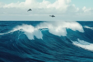 Naklejka premium Dolphins Leap Over Ocean Waves Under Cloudy Sky