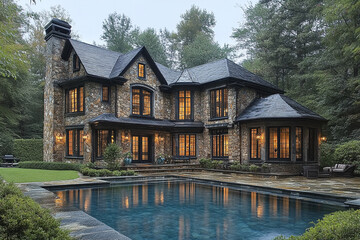 Stone Mansion with Pool and Evening Lights
