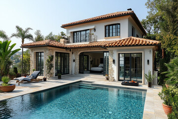 Fototapeta premium Mediterranean Style Home with Pool and Lush Landscaping