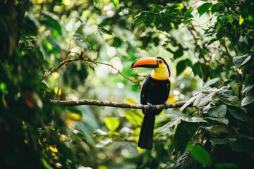 A Keel Billed Toucan Perched On A Branch In Lush Rainforest