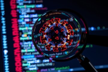 Microscopic Virus Magnified Through Lens with Computer Code Background