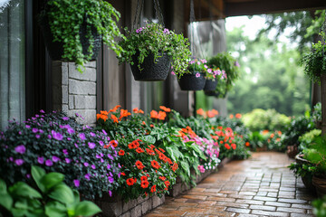 Obraz premium Blooming Flowers Line Brick Pathway Garden