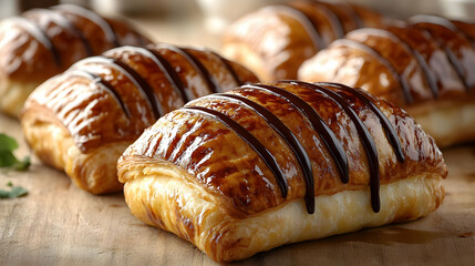 Close-up of several golden-brown pastries drizzled with chocolate, arranged on a wooden surface.