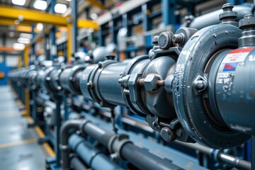 Obraz premium Industrial Piping System Close up of Complex Metal Valves and Pipes in Factory Setting