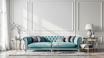 A mock-up of luxurious blue furniture and decor in a living room with an empty white wall serves as background 
