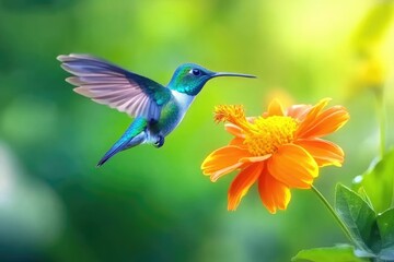 Fototapeta premium Hummingbird in Flight Near Orange Flower