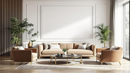 A mock-up of luxurious white and beige furniture and decor in a living room with an empty white wall serves as background 