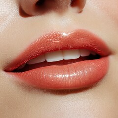 Obraz premium Glossy Lips Close-Up After Permanent Makeup in Trendy Nude Shade