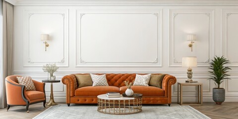 Fototapeta premium A mock-up of luxurious orange furniture and decor in a living room with an empty white wall serves as background 