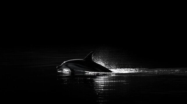 Silhouette of a dolphin leaping from dark water, creating a splash.