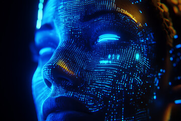 A glowing wireframe silhouette of a magical woman highlighted with vibrant blue and black data points, emitting a mystical and ethereal aura, set against a transparent background.


