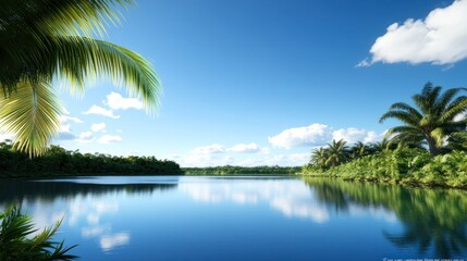 Obraz premium Serene lake surrounded by lush greenery and a clear blue sky.