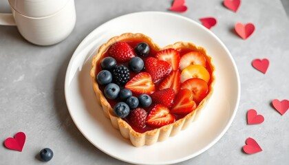 Heart-shaped fruit tart on plate, coffee cup, red hearts