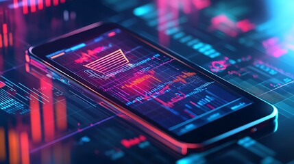 Obraz premium A horizontal banner featuring a mobile phone with an online shopping cart and financial data overlays representing marketing strategies