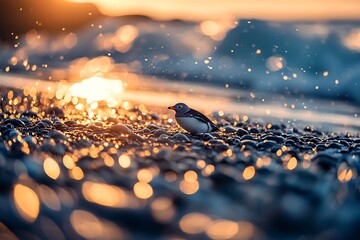 Small bird standing on wet pebbles at sunset on the beach