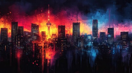 Obraz premium Neon Lanterns and Pop Art Pizza in a Colorful Tokyo Cityscape, vibrant urban scene blending modern culture and artistic expression