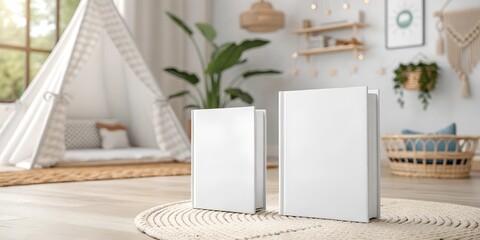 Mockup of two children's books with blank white covers placed on a soft, round rug in a bright nursery. A teepee tent, large plant, and natural lighting create a serene setting.