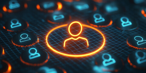 A glowing orange user profile icon on a digital grid, emphasizing focus, individuality, and technology in a connected system