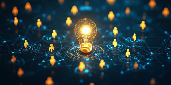 A network of glowing human icons with a lightbulb in the center conveys collaboration, creativity, and connection in a futuristic, digital, and innovation-focused design