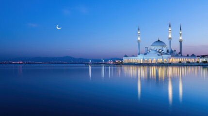 Serene mosque reflection at twilight with crescent moon.