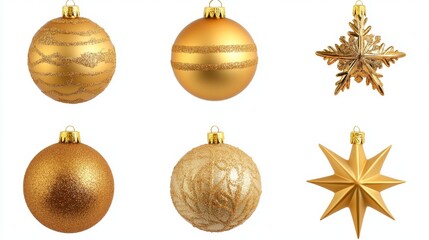 Fototapeta premium Golden Christmas Ornaments and Stars Hanging Isolated on White Background.