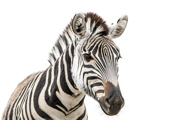 Zebra posing on white background in a close up portrait