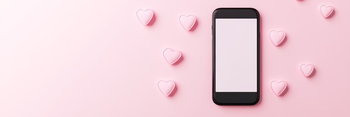 Smartphone surrounded by pink hearts for valentine's day marketing on social media. Ideal for businesses boosting sales and online presence, engaging followers with a romantic touch