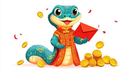 Cartoon snake in a colorful Chinese robe, holding a red envelope with traditional coins around it. Joyful design for New Year cards. Isolated on white.