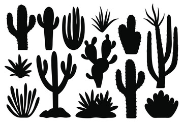 Cactus silhouettes set isolated flat vector illustration on white background