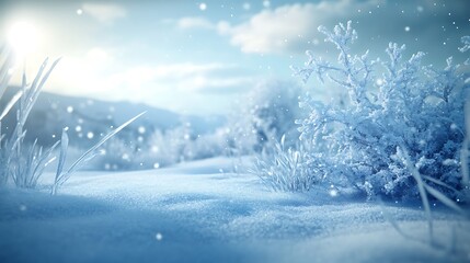 Snowflake Christmas wallpaper with natural icy winter scene featuring snowflakes gently drifting down over frosty landscapes with soft blue tones and ample copy space for text