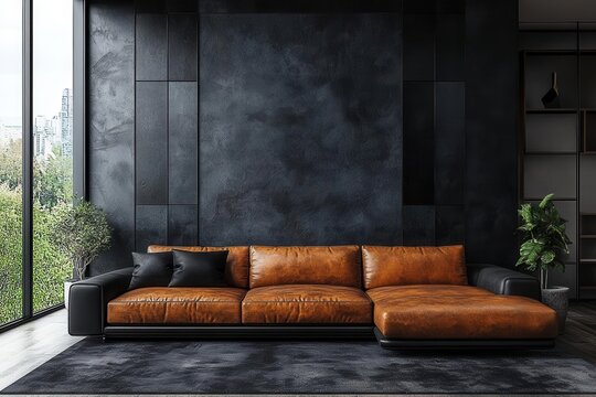 interior of a luxury home featuring a black living room with a sleek leather couch and a dark accent wall exuding elegance and minimalist sophistication in a formal setting