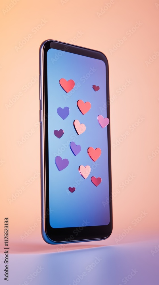 Poster colorful hearts are floating on the screen of a smartphone on a gradient background, representing so