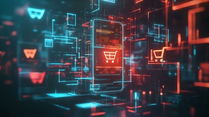 Obraz premium A digital concept banner with a smartphone, shopping cart icon, and glowing symbols of online shopping and marketing