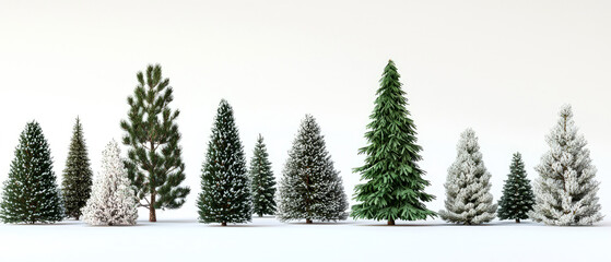 Obraz premium Snow-covered evergreen conifer trees on a white winter landscape. Picturesque nature background. Isolated elements for holiday themes, nature concepts, and seasonal exterior designs. Generative ai