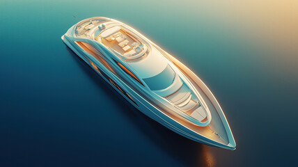Luxury motor boat designed by rio yachts italian shipyard seen from above on the open sea