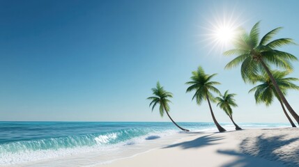 Serene beach scene with palm trees and bright sunlight.