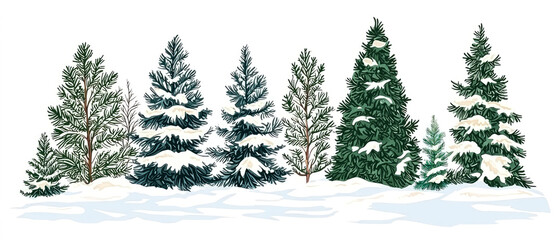 Fototapeta premium Snow-covered evergreen conifer trees on a white winter landscape. Picturesque nature background. Isolated elements for holiday themes, nature concepts, and seasonal exterior designs. Generative ai